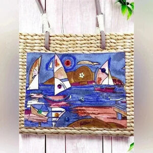 Sun & Sand Sailboats Straw Purse Embellished Sequins Paul Brent Wearable Art